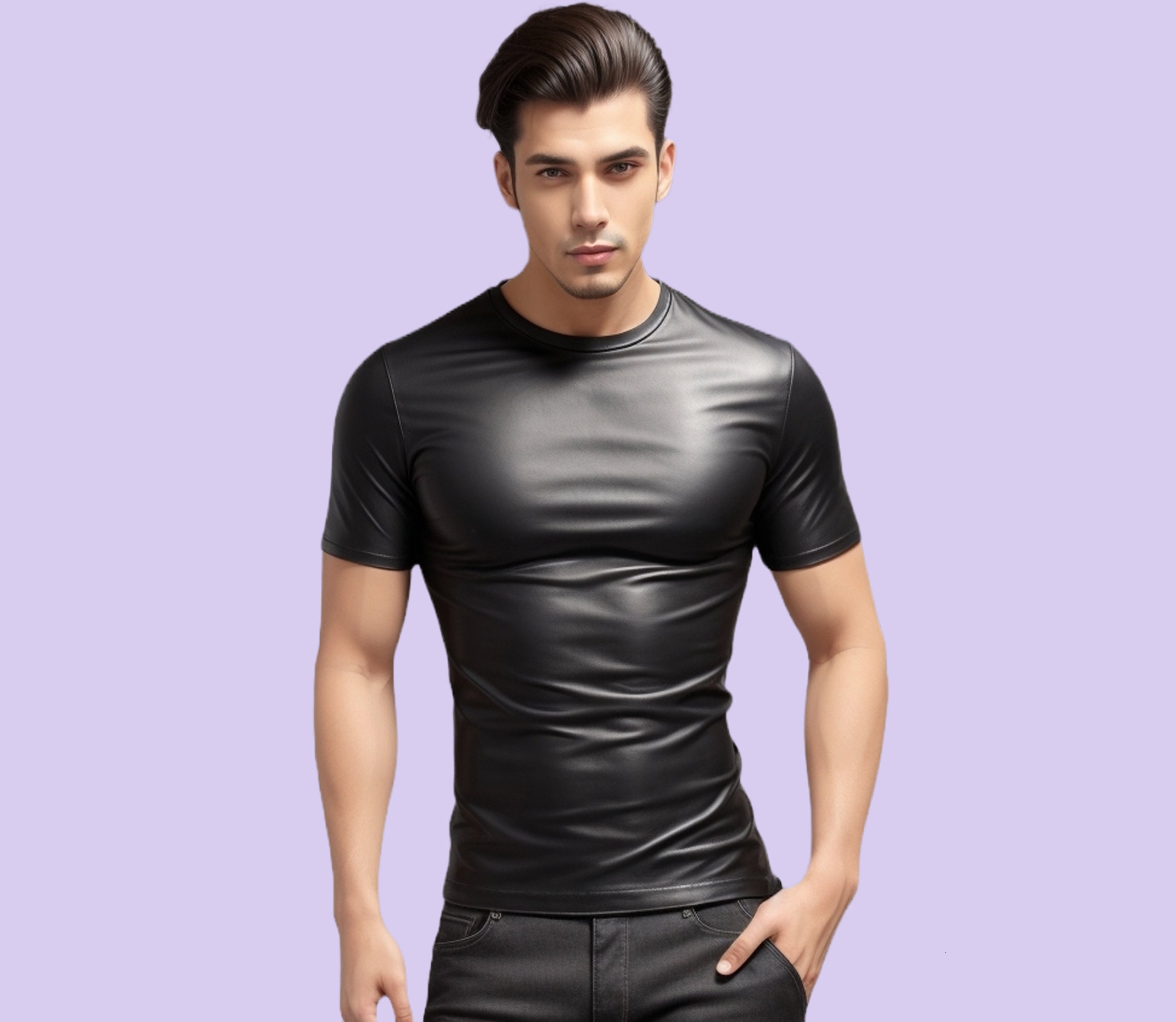 Handmade Leather Men Shirt,genuine Leather Men Black T-shirt,men Half ...