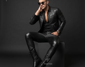 Men's Slimfit Genuine Sheep Leather Pants - Handmade Black Leather Jeans