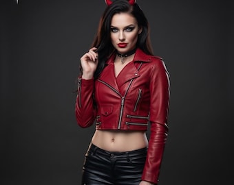 Veste motard courte en cuir rouge cramoisi : cosplay du diable gothique