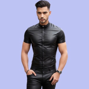 Handmade Soft Sheep Leather Mens Shirt,Genuine Black Leather T shirt,Leather SlimFit Shirt,Gift For Him
