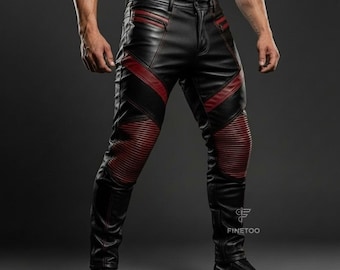 Men's Black Cowhide Leather Biker Pants | Burgundy Panel, Custom Fit