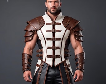 Handmade White Brown Leather Armor Vest & Pants Set, Medieval Warrior Costume (Custom Fit)