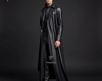 Handmade Genuine Leather Long Coat - Black Winter Trench Coat