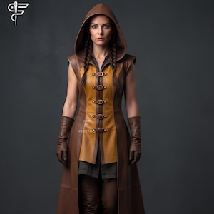 Cappotto da donna in pelle marrone con cappuccio, costume da festival medievale fantasy gotico