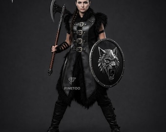 Gothic Women Fashion Fantasy Cosplay Coat: Genuine Leather Norse Viking Outfit