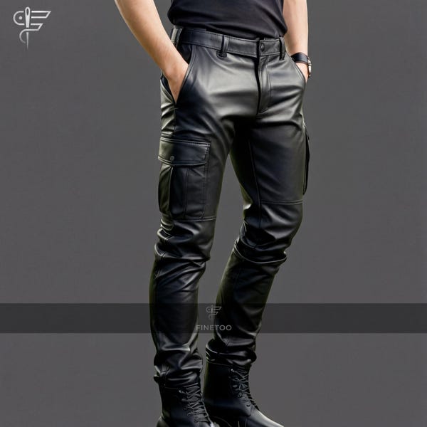 Handmade Cowhide Leather Men's Cargo Pants: Slim Fit Motorcycle Trousers