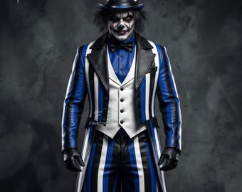 Men's Blue Black White Leather Clown Costume Set, Gothic Circus Outfit (Handmade)