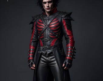 Men's Black Red Leather Vampire Costume Set, Gothic Jacket Pants, Halloween Cosplay Outfit