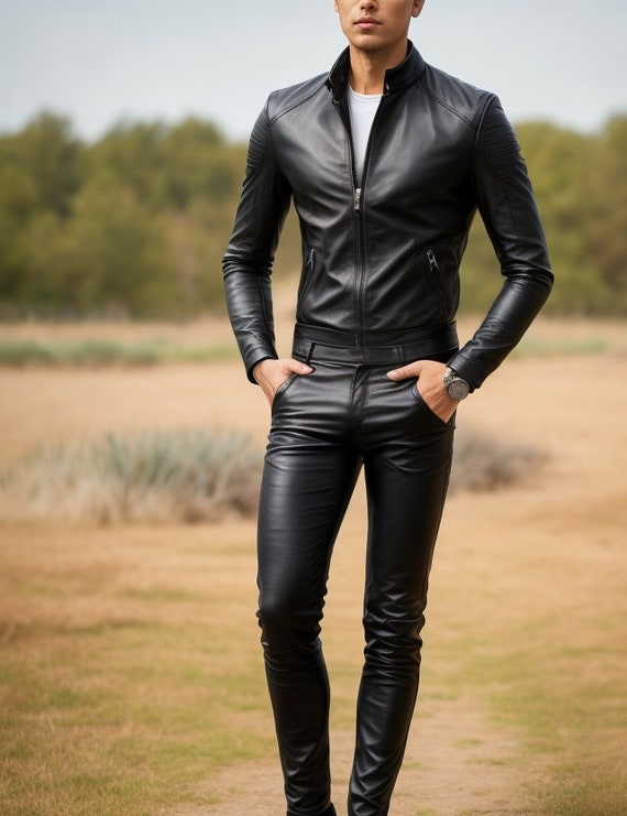 Black Men's black leather jeans