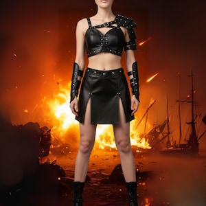 Dark Fantasy Fierce Costume, Genuine Leather Armored Crop Top, Black Leather Gothic Warrior Dress, Handmade Female Leather set