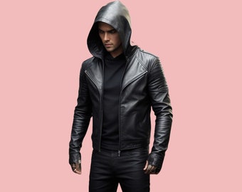 Genuine Sheep Leather Men Jacket,Handmade Black Leather Biker Jacket,Soft Leather Gothic Hooded Jacket