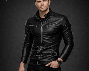 Handmade Black Leather Biker Shirt: Slim Fit Genuine Leather