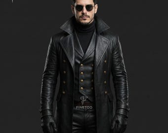 Handmade Genuine Leather Gothic Steampunk Outfit – Long Trench Coat, Vest, Pants & Gloves