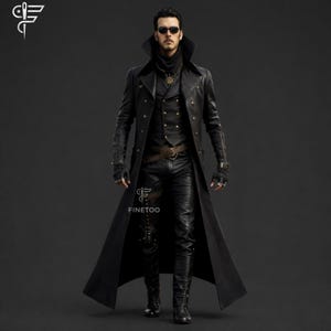 Handgjord gotisk trenchcoat i äkta läder: Lång svart steampunk-jacka