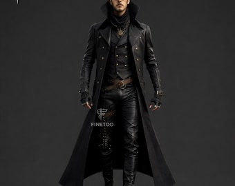 May include: A long black leather coat with a double-breasted front, worn with a waistcoat and black trousers. The coat has a large collar and gold buttons. The outfit includes a belt, gloves, and boots. The style is gothic and edgy.