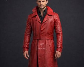 Men's Handmade Red Leather Trench Coat: Genuine Cow Leather Overcoat