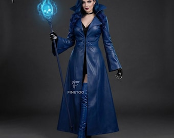 Handmade Midnight Blue Leather Gothic Coat: Witchy High Collar