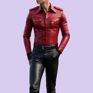Handmade Sheep Leather Men Shirt,Genuine Red Leather Shirt,Leather Slimfit Shirt,Leather Police Shirt,Gift For Him