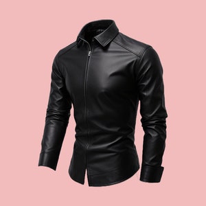 Handmade Soft Sheep Leather Men Shirt,Genuine Black Leather Shirt,Leather slimfit Shirt,Leather Men Full Sleeve ShirtGift For Him