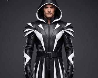 Men’s Black White Hooded Leather Long Coat, Handmade Gothic Armor Coat, Custom Fantasy Halloween Cosplay Overcoat