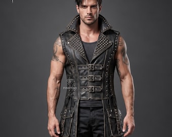 Men’s Distressed Black Leather Long Vest, Gothic Studded Biker Waistcoat, Steampunk Buckle Vest, Punk Rock LARP Costume