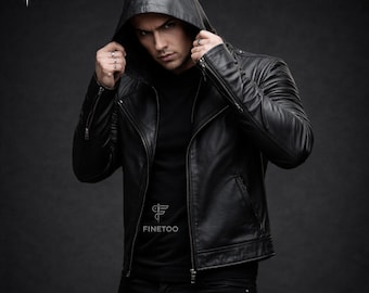 Handmade Sheep Leather Biker Jacket: Gothic Hooded Black Coat