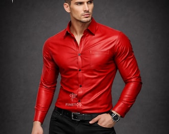 Camicia rossa in vera pelle fatta a mano: vestibilità slim, stile biker