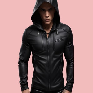 Veste homme en cuir de mouton véritable, veste motard en cuir noir faite main, veste à capuche gothique en cuir souple