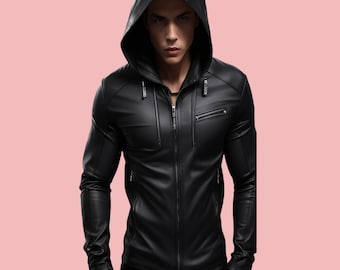 Genuine Sheep Leather Men Jacket,Handmade Black Leather Biker Jacket,Soft Leather Gothic Hooded Jacket