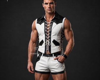 Men's White Black Leather Lace-Up Vest Shorts Set | Gothic Clubwear Festival Outfit