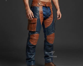 Two-Tone Blue & Brown Leather Chaps | Custom Fit Biker Pants