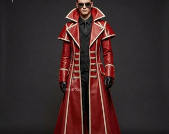 Handmade Red Leather Warrior Coat: Mens Demon Cosplay, Halloween Costume