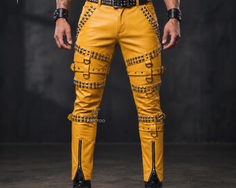 Men's Yellow Leather Pants, Studded Biker Cargo Trousers, Gothic Punk Festival Wear