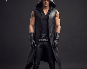 Handmade Genuine Leather Hooded Sleeveless Coat: Black Steampunk Duster