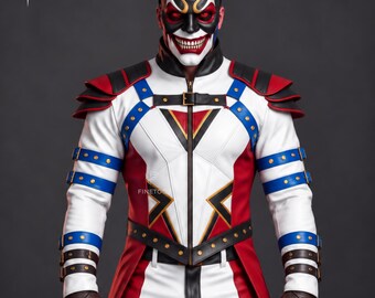 Men's Gothic Jester Leather Jacket & Pants Set, Villain Cosplay Costume (White, Red, Blue)