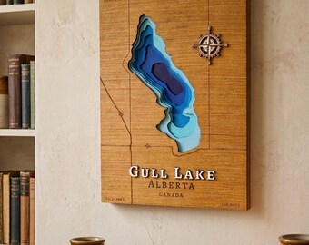 7 Layers 3D Bathymetry Map of Gull Lake, AB- Customizable Handcrafted Wall Art