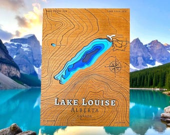 Handmade Wood Contour and Depth Map of Lake Louise, Banff Park, Alberta, Canada