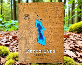 Handmade Wood Contour and Depth Map of Peyto Lake, Banff National Park, Alberta, Canada