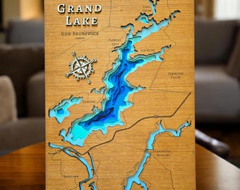 7 Layers, GRAND LAKE, New Brunswick, Bathymetry Wood Map 16"x11.5"