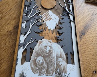 9 Layers Handcrafted Layered Bear Family Wood Art – 22" x 11"