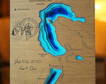 Handmade Wood Pyramid Lake Depth Map, Jasper National Park