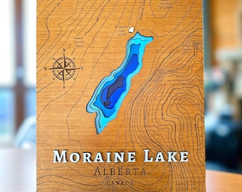 Handmade Wood Contour and Depth Map of Moraine Lake, Banff National Park, Alberta, Canada