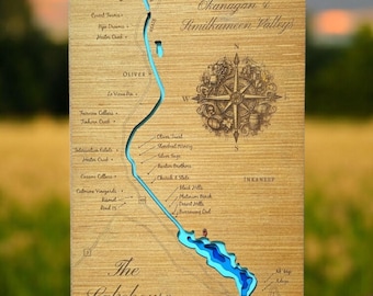 Osoyoos Lake 3D Wood Map: Okanagan Wineries Topography Art