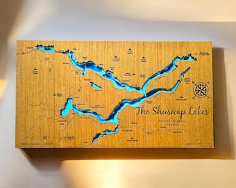 Handcrafted 3D Wood Shuswap Lakes Bathymetry Map