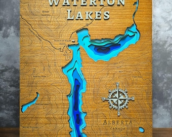 Handmade Wood Contour and Depth Map of Waterton Lakes National Parks, Alberta, Canada