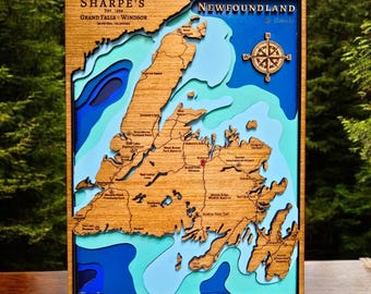 Handcrafted Newfoundland Bathymetry Map of Newfoundland and Labrador