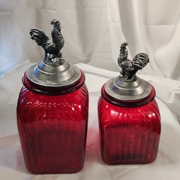 2 Indiana Glass red glass Canister w/ rooster cap