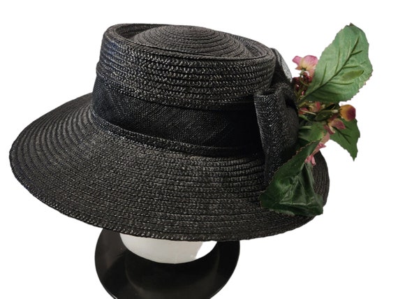 Betmar New York black straw hat w/ bow & flowers - image 1
