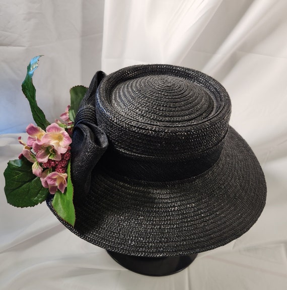 Betmar New York black straw hat w/ bow & flowers - image 3