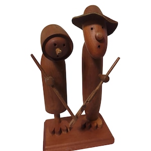 1960s 1970s Mid Century carved on Burlap wood Danish hunter figures